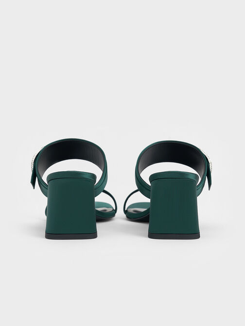 Recycled Polyester Crystal-Buckle Block-Heel Mules, Dark Green, hi-res