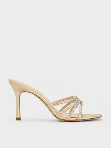 Satin Crystal-Embellished Heeled Mules, Gold, hi-res
