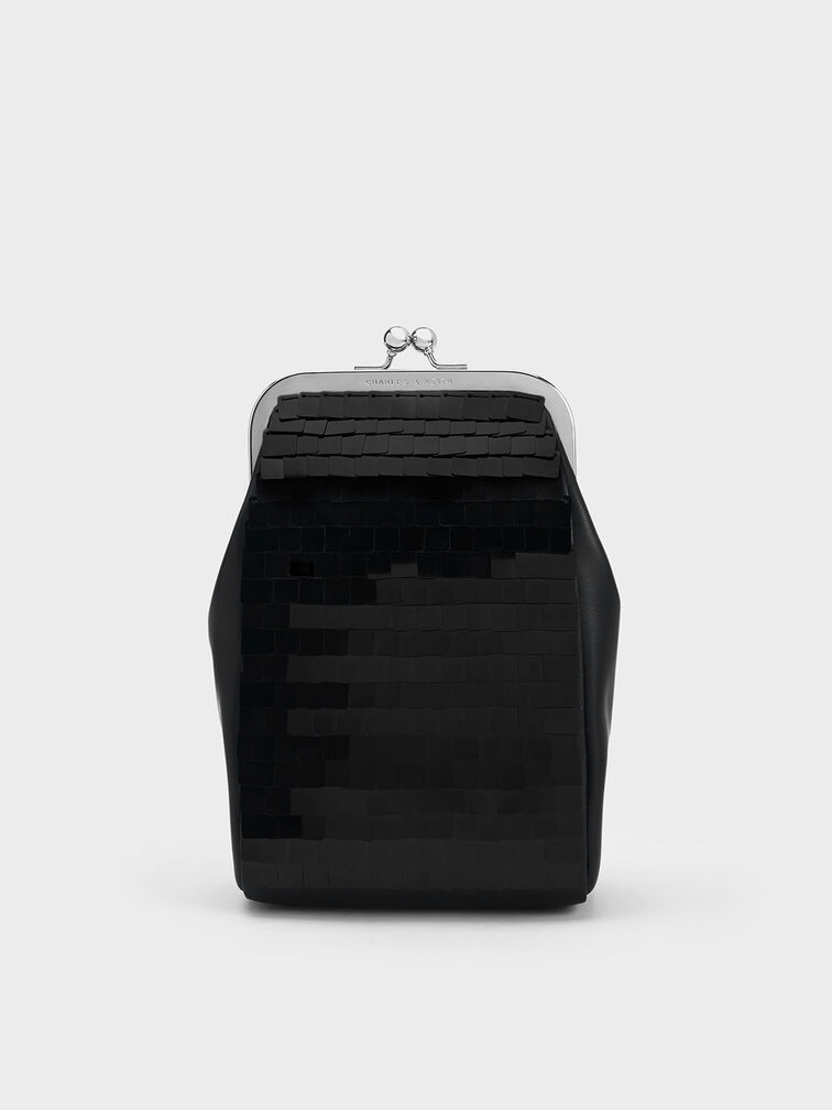 Disc-Embellished Chain Handle Pouch, Black, hi-res