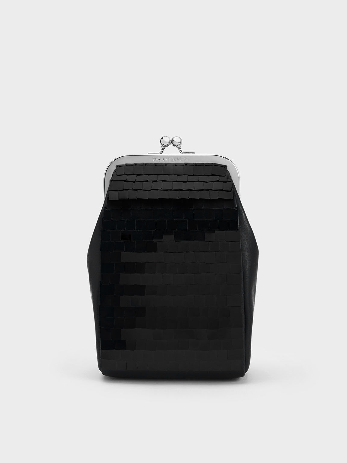 Disc-Embellished Chain Handle Pouch, Black, hi-res
