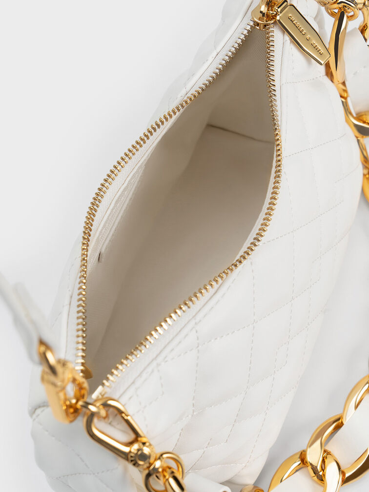 Nezu Chain Handle Quilted Hobo Bag, White, hi-res