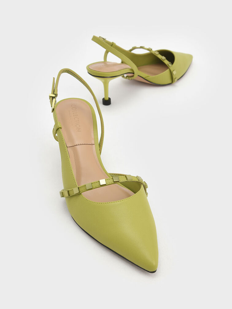 Leather Embellished Slingback Pumps, Green, hi-res