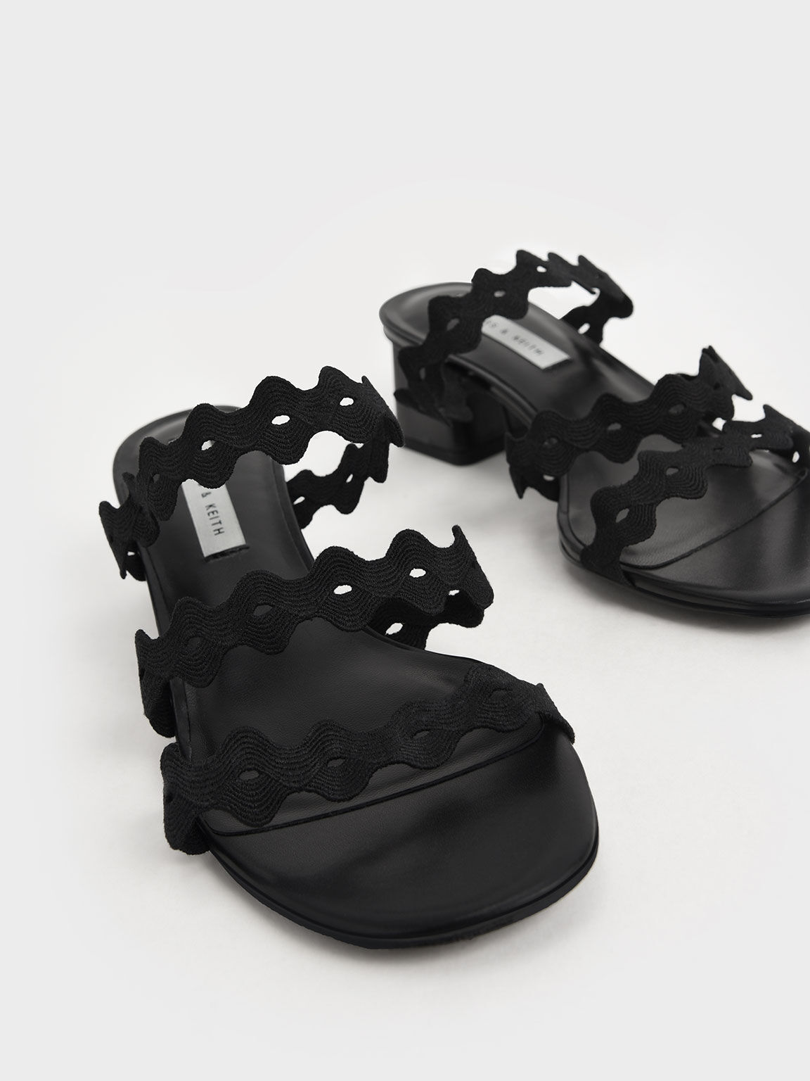Grosgrain Scallop Mules, Black, hi-res