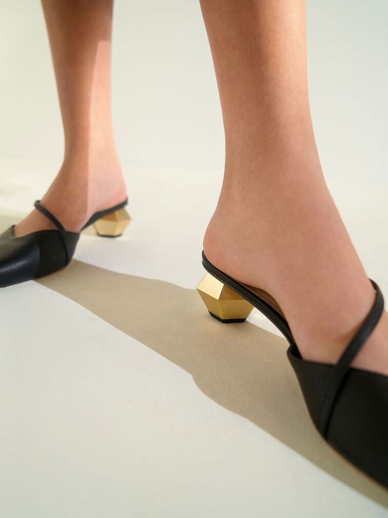 Everly Asymmetric Strap Chrome Heel Mules, Black, hi-res