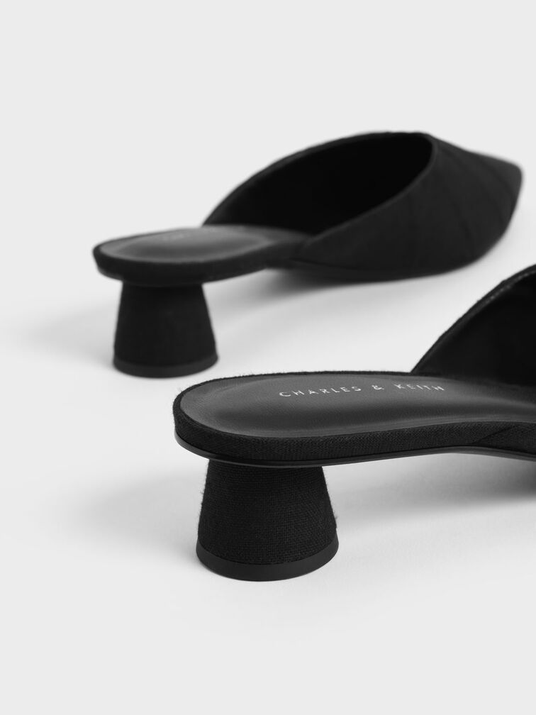 Linen Ruched Cylindrical Heel Mules, Black, hi-res