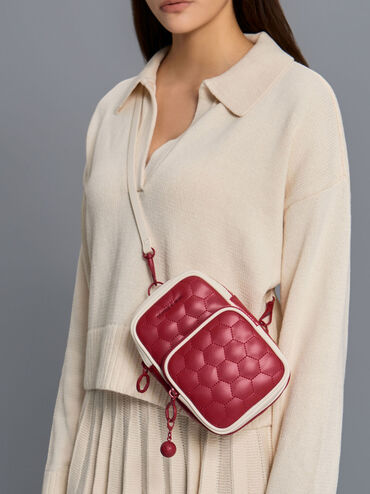 Textured Elongated Crossbody Bag, Red, hi-res