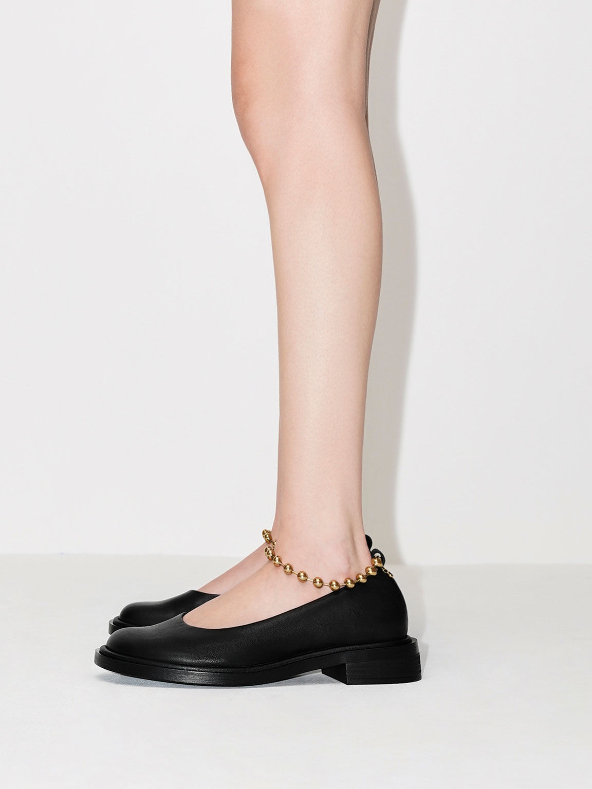 Beaded Ankle-Strap Leather Ballerinas, Black, hi-res