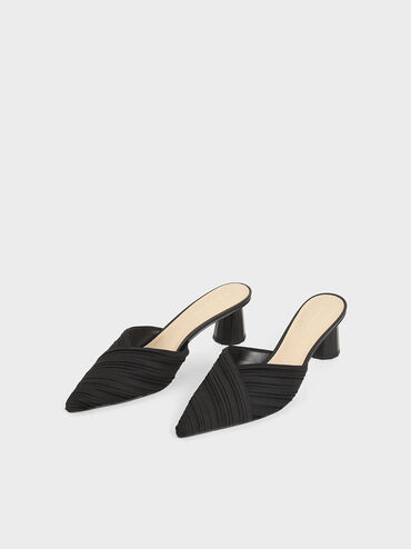 Pleated Pointed Toe Mules, Black, hi-res