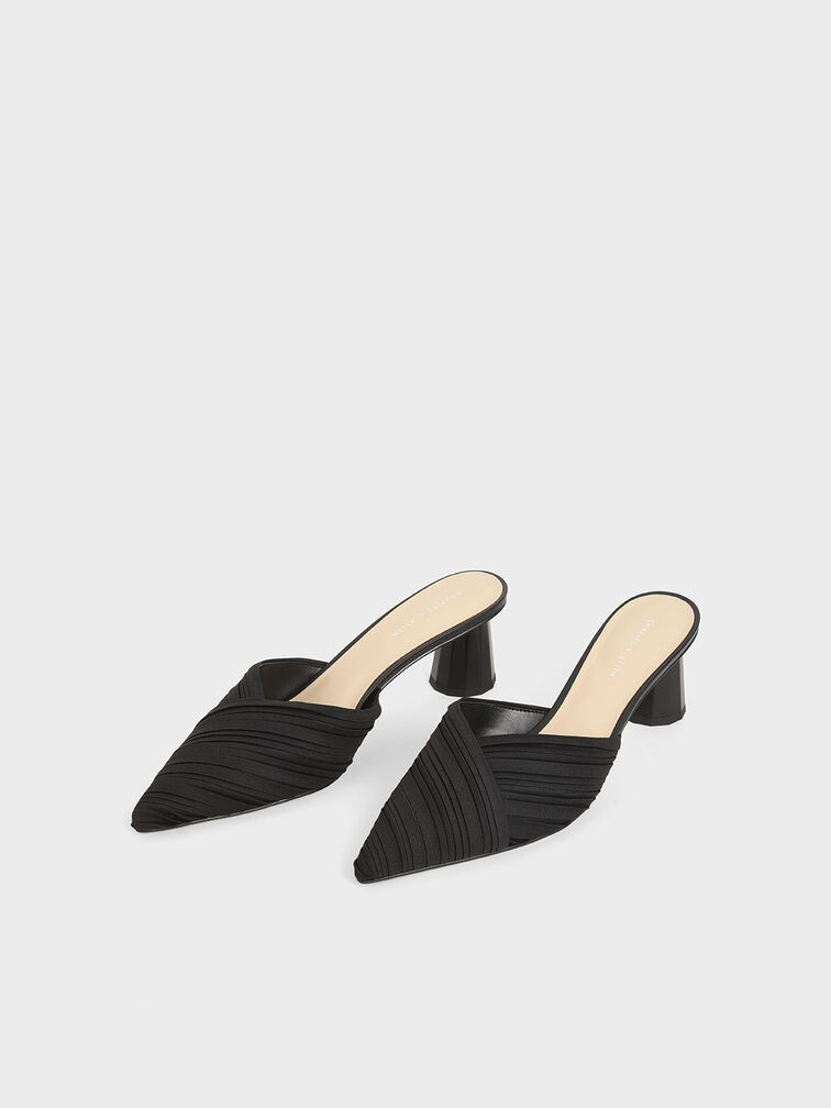Pleated Pointed Toe Mules, Black, hi-res