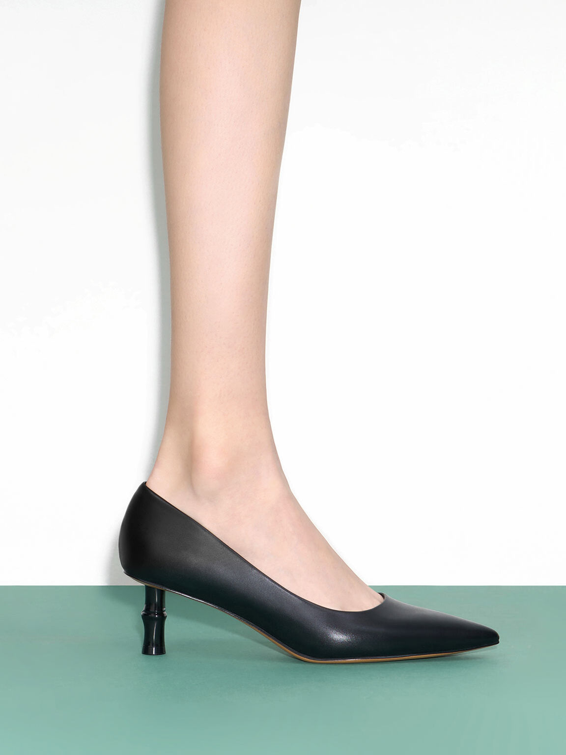 Bamboo Heel Pointed-Toe Pumps, Black, hi-res