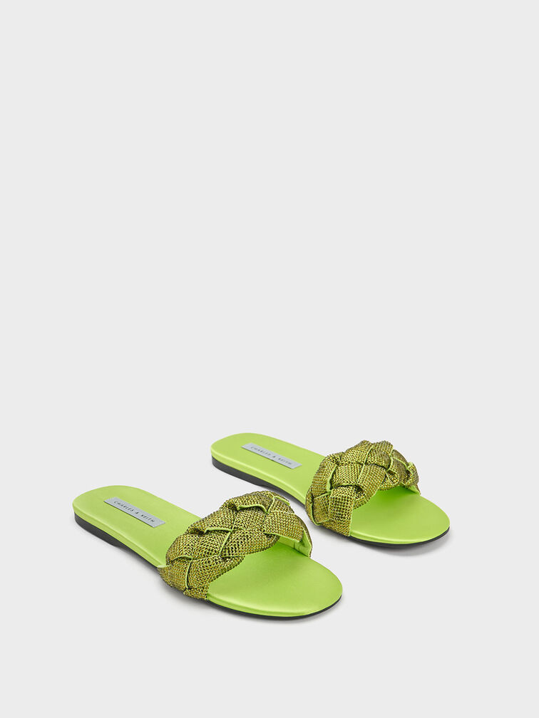 Gem-Embellished Braided Strap Slides, Green, hi-res