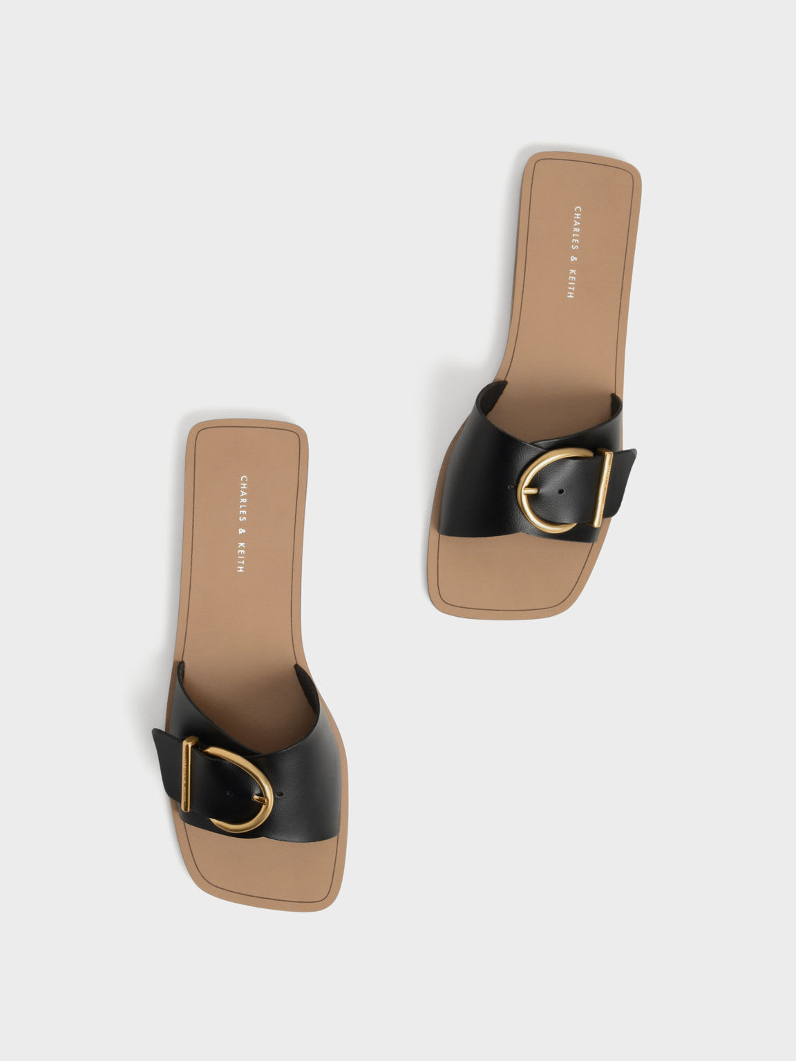 Square Toe Buckled Slides, Black, hi-res