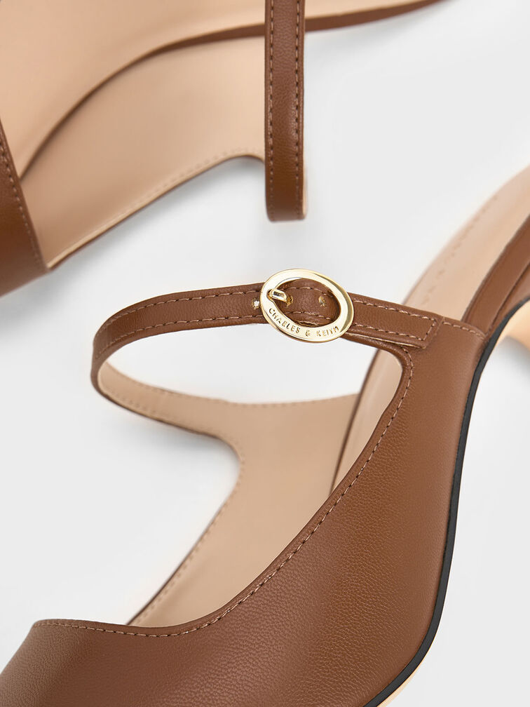 Buckle-Strap Heeled Mules, Cognac, hi-res