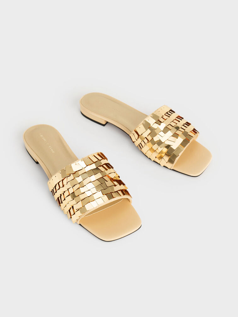 Sequinned Satin Slide Sandals, Gold, hi-res