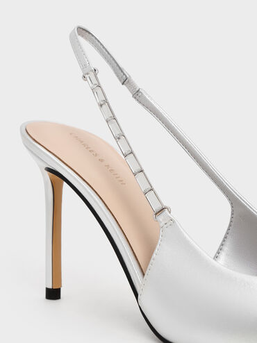 Metallic Embellished-Strap Pointed-Toe Slingback Pumps, Silver, hi-res