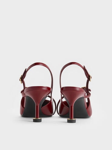 Wynn Patent Buckled Sculptural-Heel Slingback Pumps, Red, hi-res