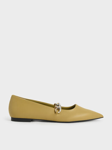 Chunky Chain-Link Mary Jane Flats, Olive, hi-res