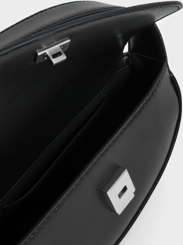 Curved Front Flap Shoulder Bag, Black, hi-res