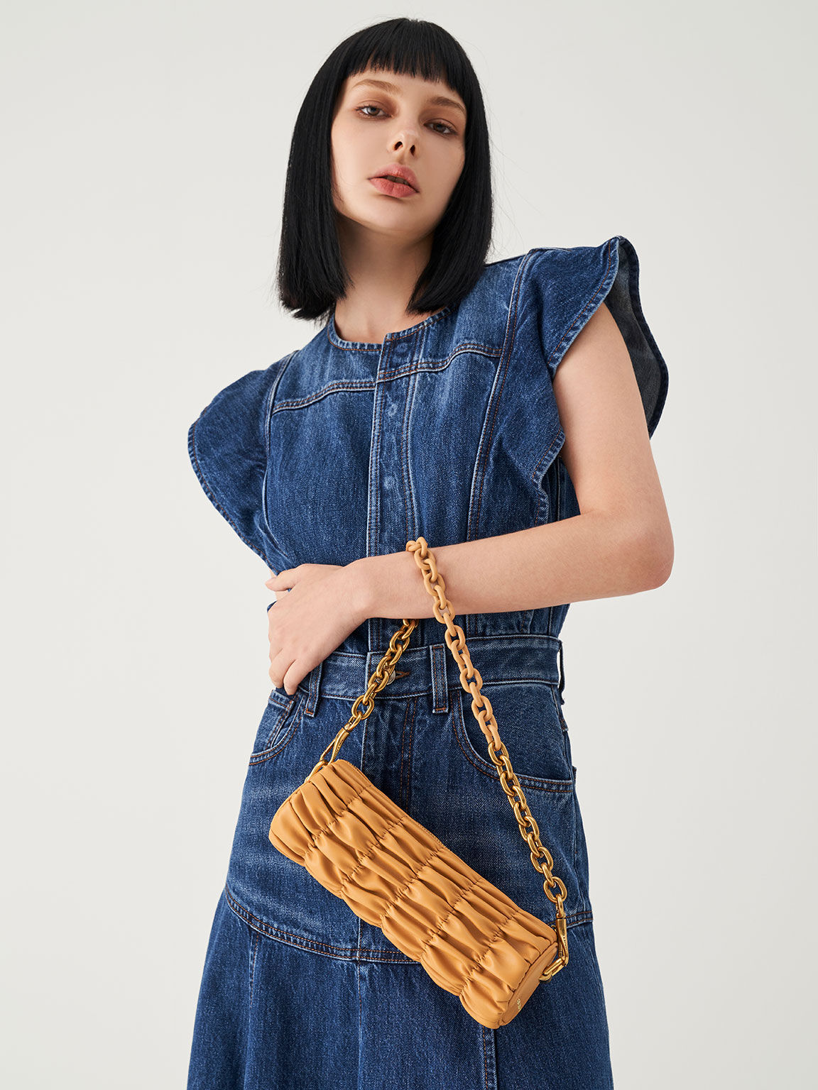 Tallulah Ruched Chain-Handle Shoulder Bag, Orange, hi-res