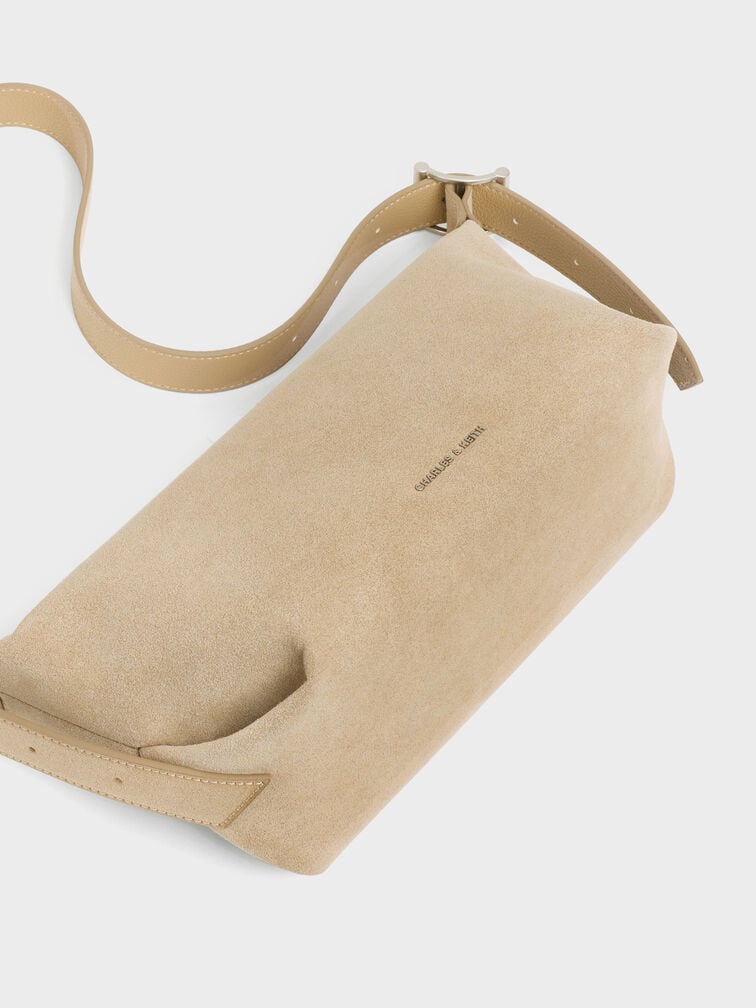 Larsen Recycled Suede Buckle-Strap Slouchy Shoulder Bag, Nutmeg Beige, hi-res