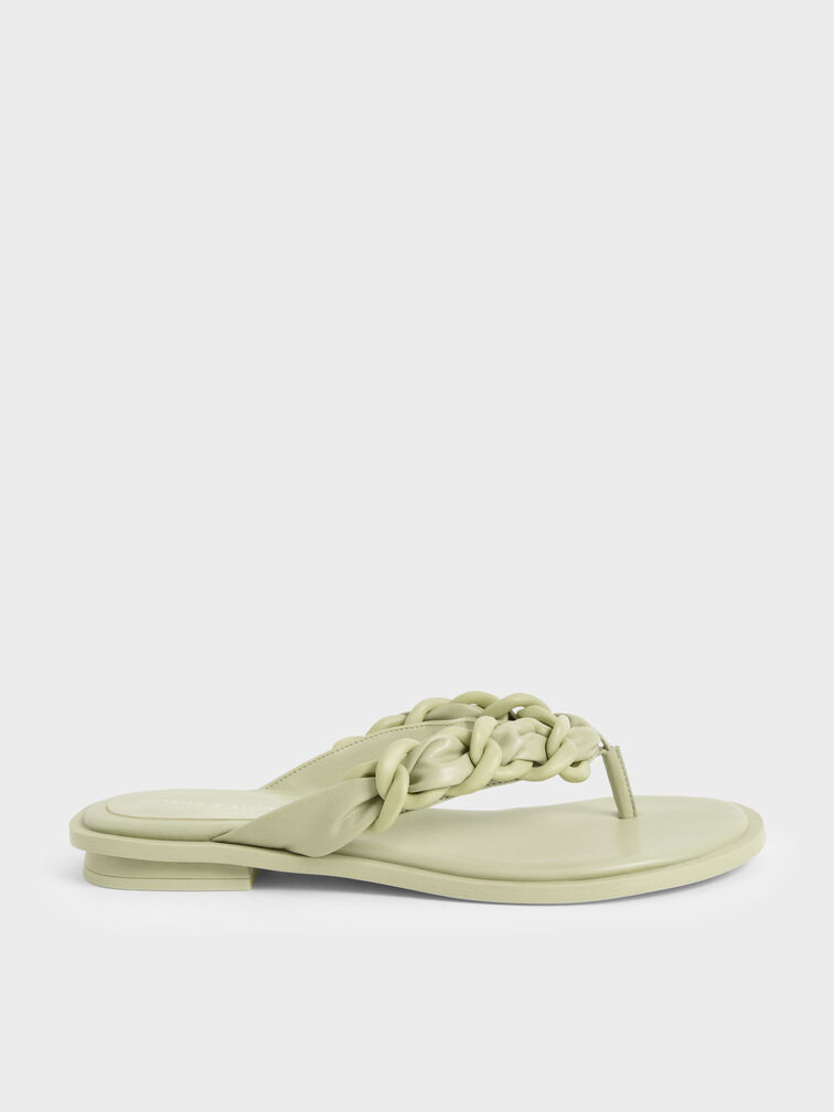 Braided Chain-Link Strap Thong Sandals, Sage Green, hi-res