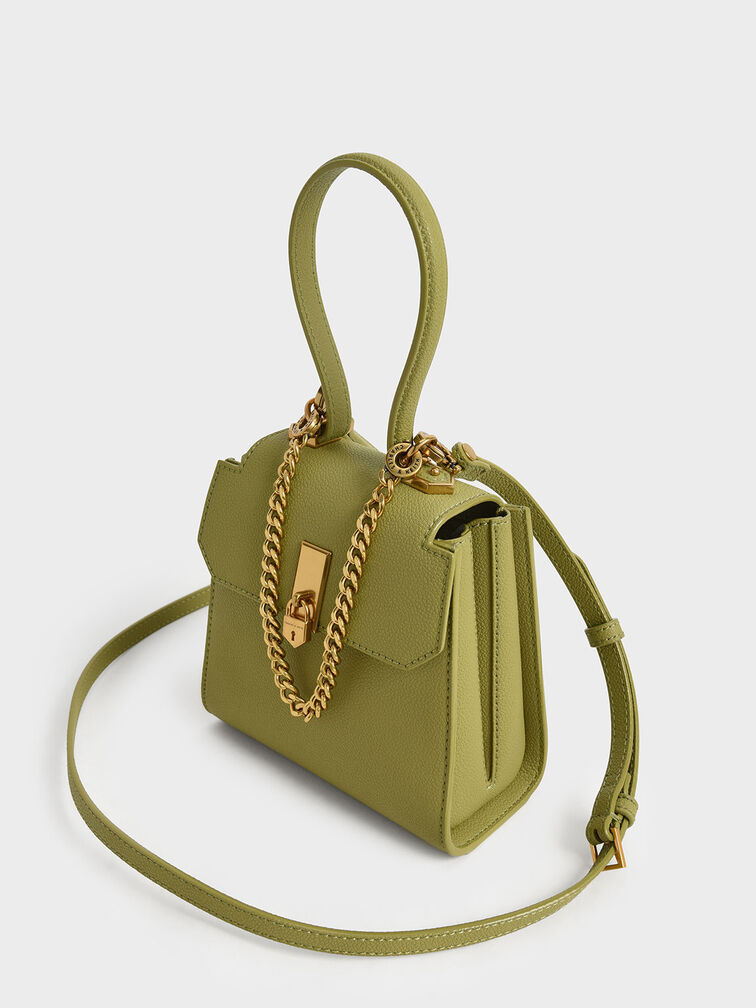 حقيبة بتصميم هندسي مزودة بسلسلة ومقبض علوي, أخضر زيتي, hi-res