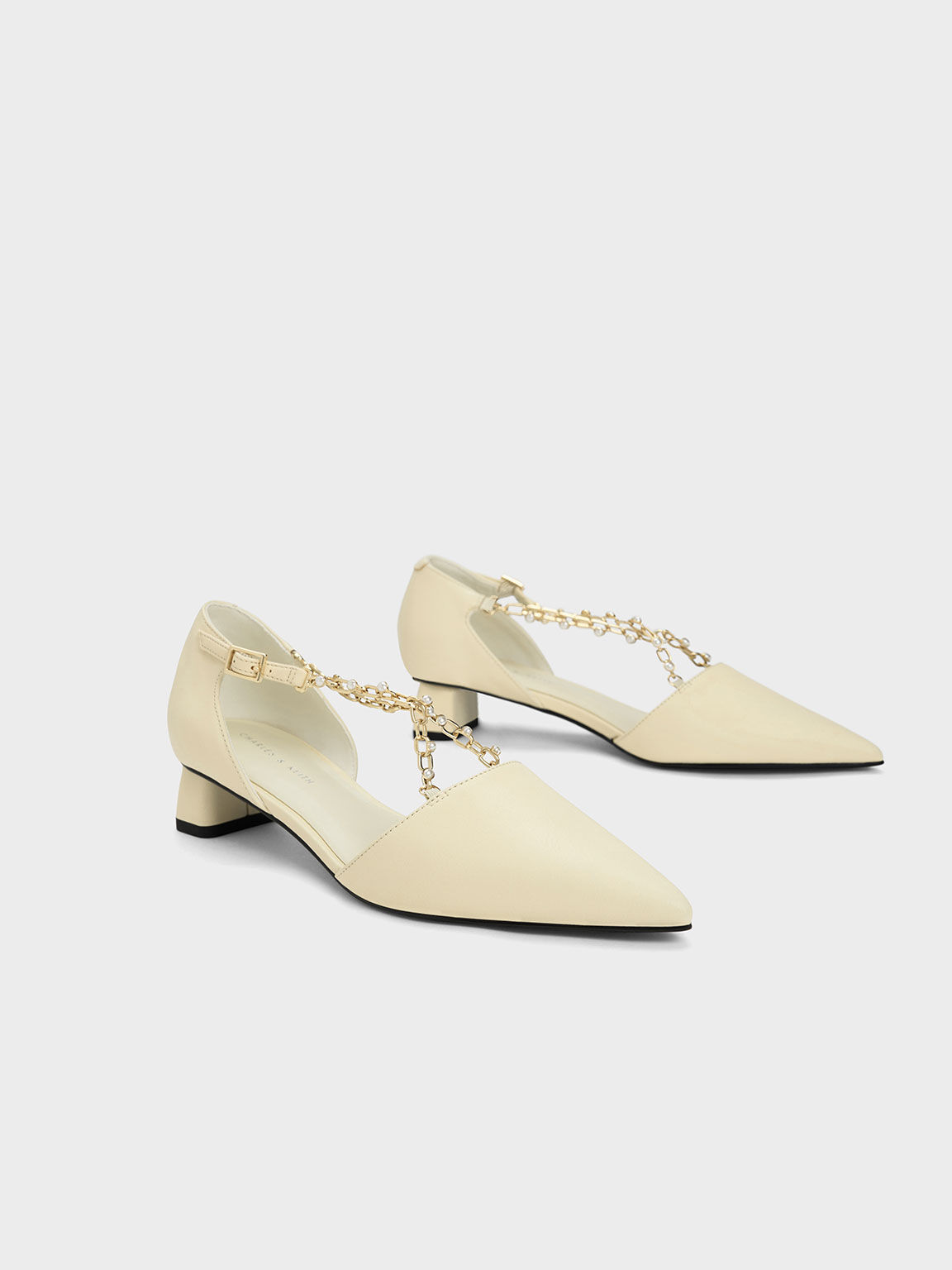 Beaded Metallic-Chain D'Orsay Pumps, Chalk, hi-res