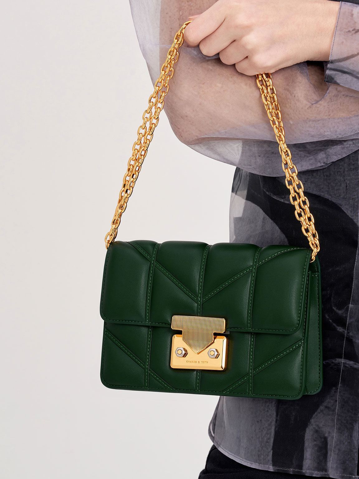 Eudora Chevron Boxy Bag, Dark Green, hi-res