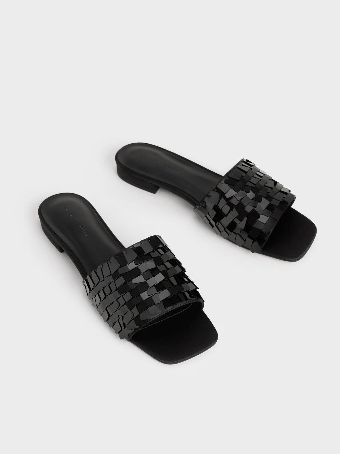Sequinned Satin Slide Sandals, Black, hi-res