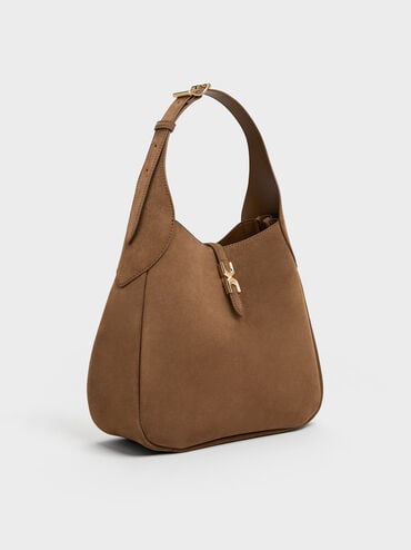 Adalyn Recycled Suede Metallic-Buckle Belted Hobo Bag, Mocha Brown, hi-res