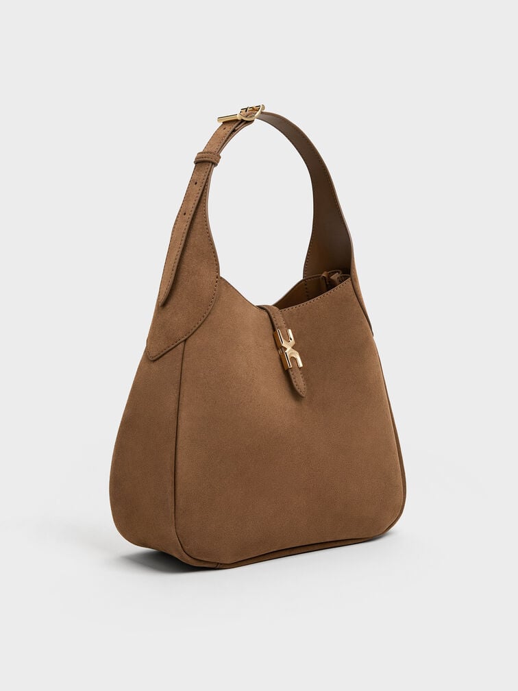 Adalyn Recycled Suede Metallic-Buckle Belted Hobo Bag, Mocha Brown, hi-res