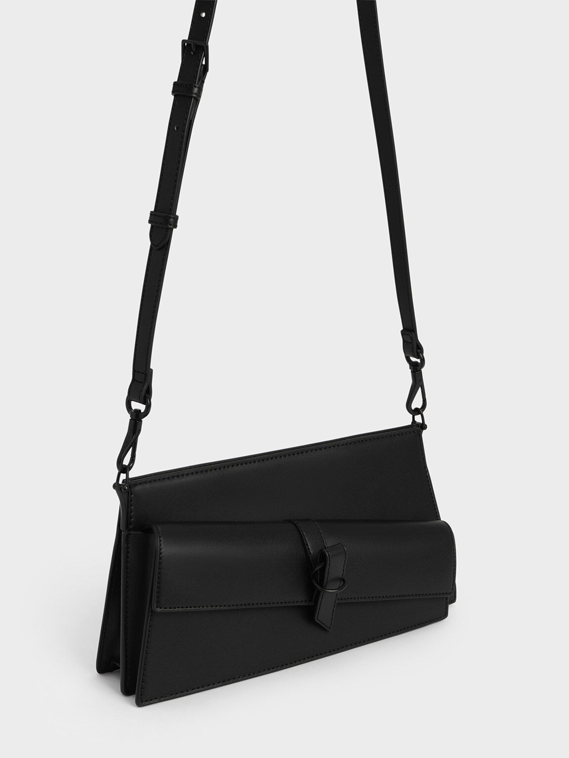 Asymmetric Belted Trapeze Bag, Black, hi-res