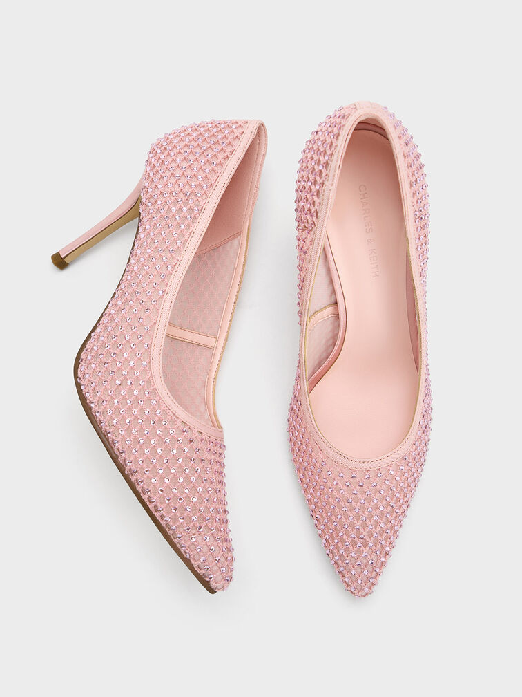 Mesh Crystal-Embellished Stiletto Pumps, Light Pink, hi-res