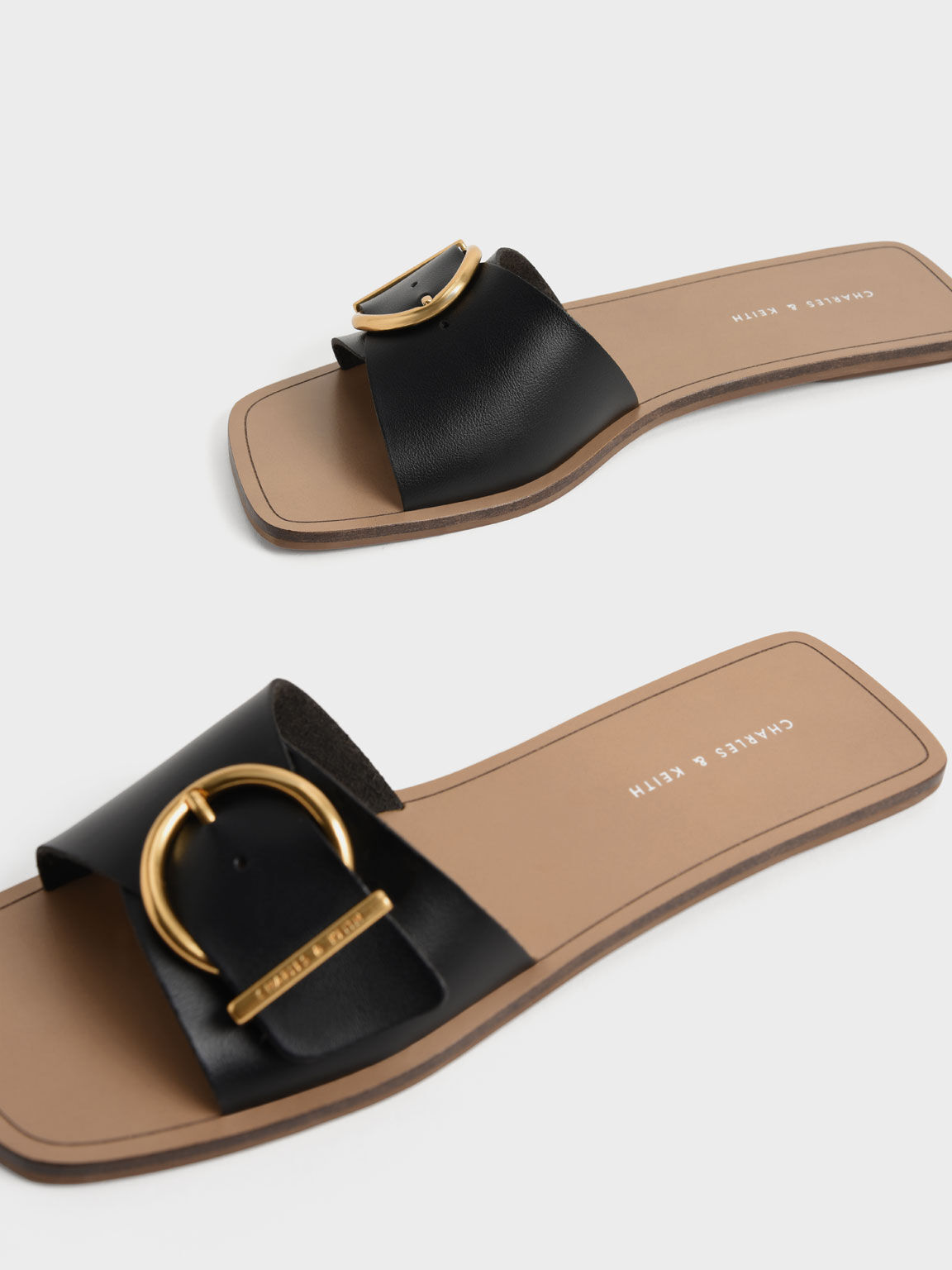 Square Toe Buckled Slides, Black, hi-res
