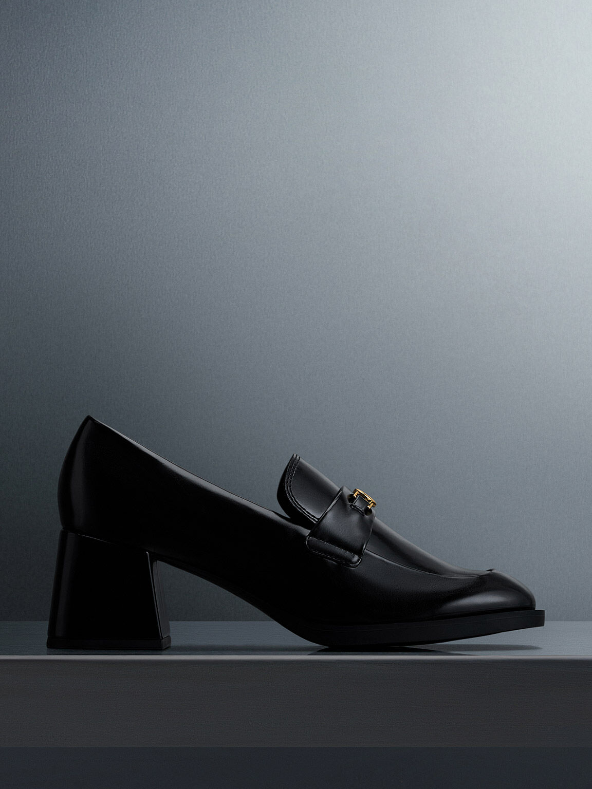 Metallic Accent Block Heel Loafer Pumps Black Box