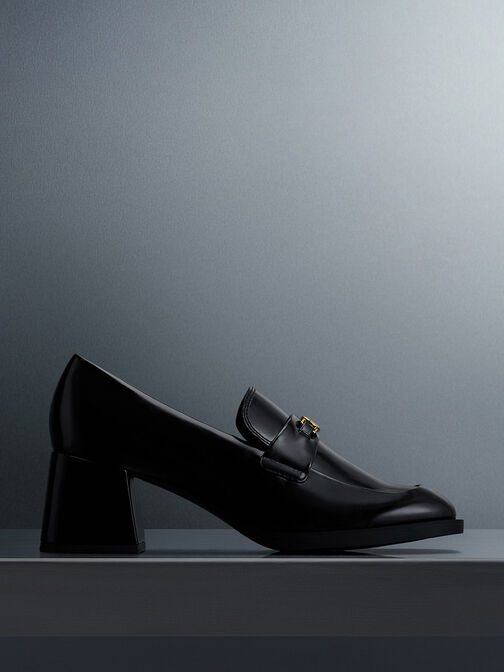 حذاء لوفر بكعب عريض وتصميم معدني, Black Box, hi-res