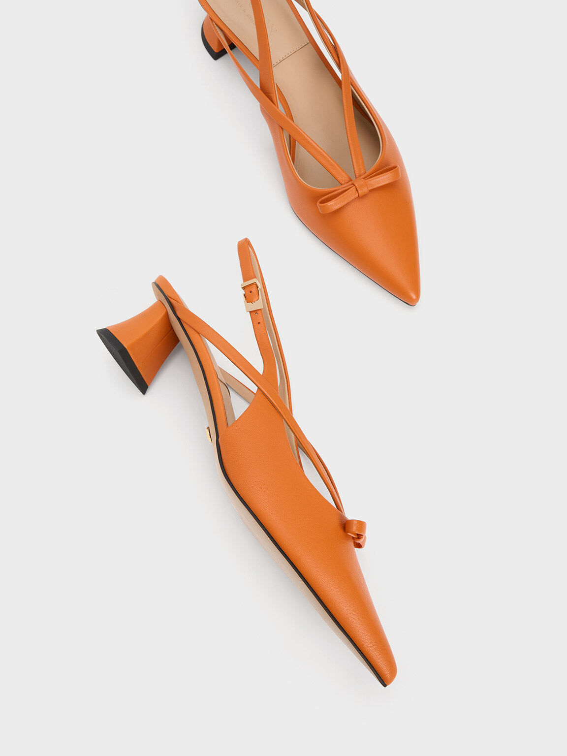 Leather Bow Strappy Slingback Pumps, Orange, hi-res
