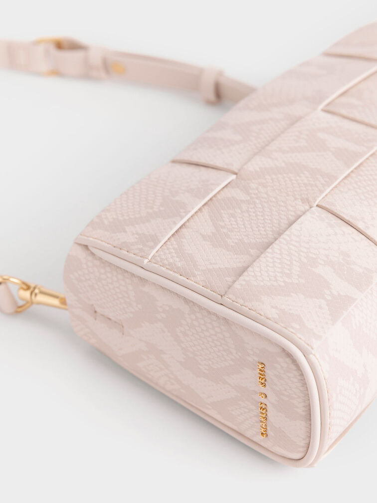 Snake-Print Woven Chain-Handle Bag, Chalk, hi-res