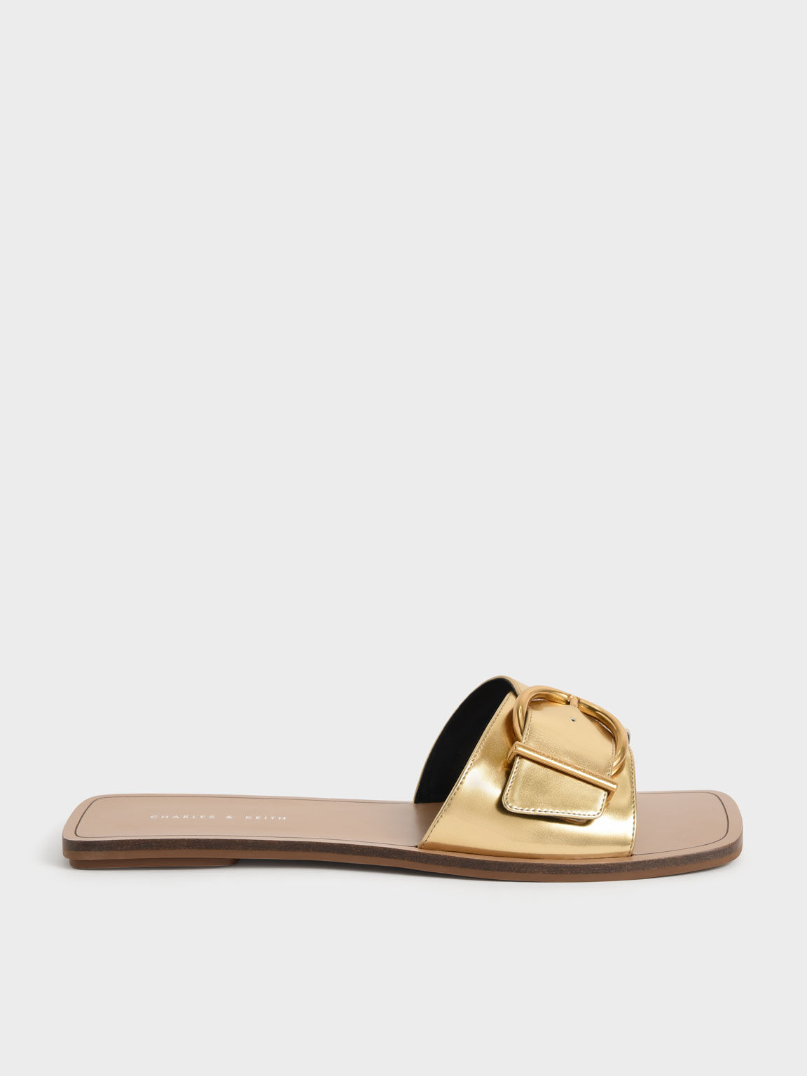 Square Toe Buckled Slides, Gold, hi-res