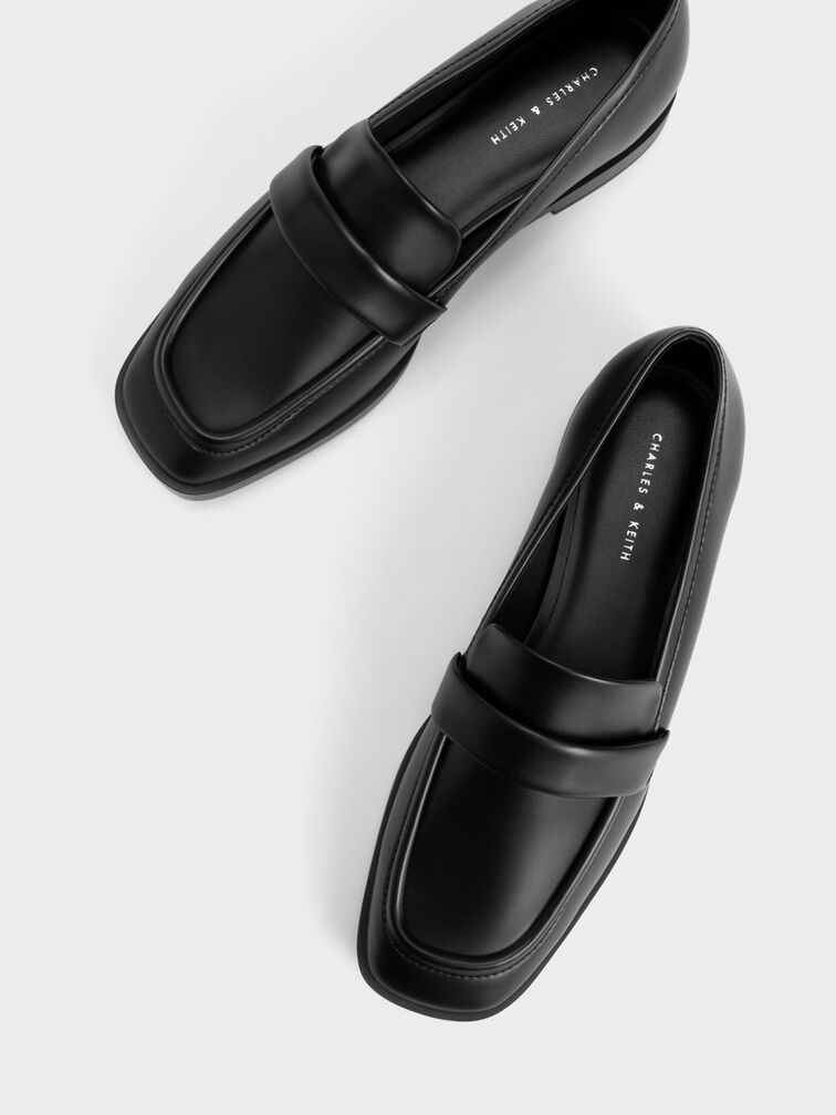 Square-Toe Penny Loafers, Black, hi-res