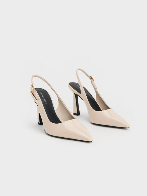 Patent Trapeze Heel Slingback Pumps, Cream, hi-res