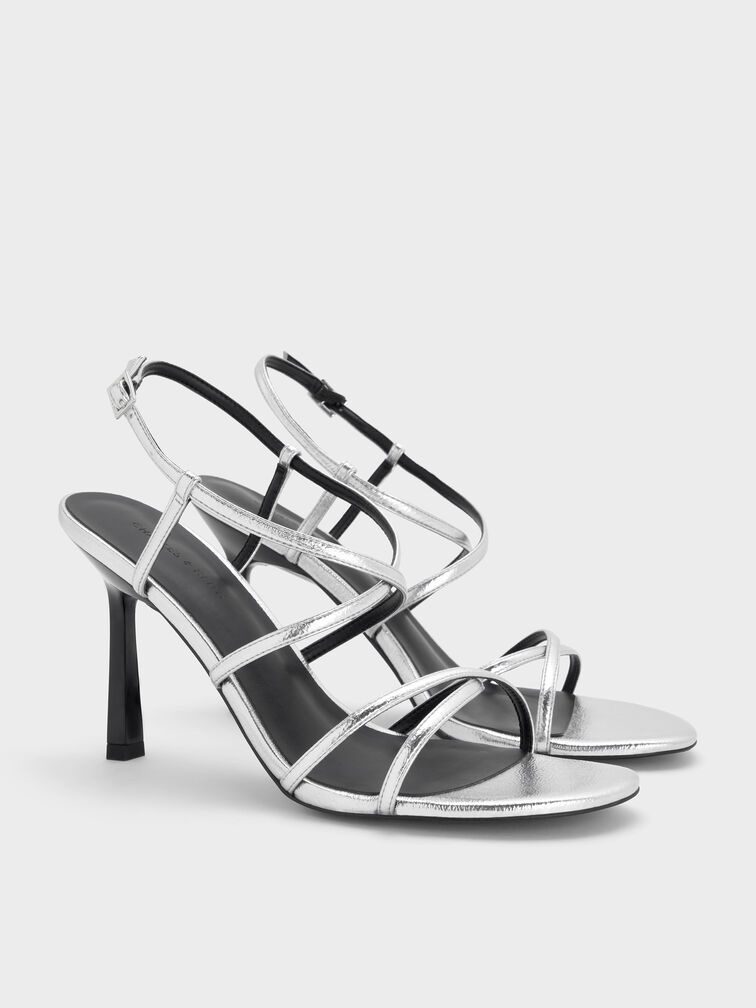 Metallic Strappy Crossover Trapeze-Heel Sandals, Silver, hi-res