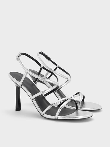 Metallic Strappy Crossover Trapeze-Heel Sandals, Silver, hi-res