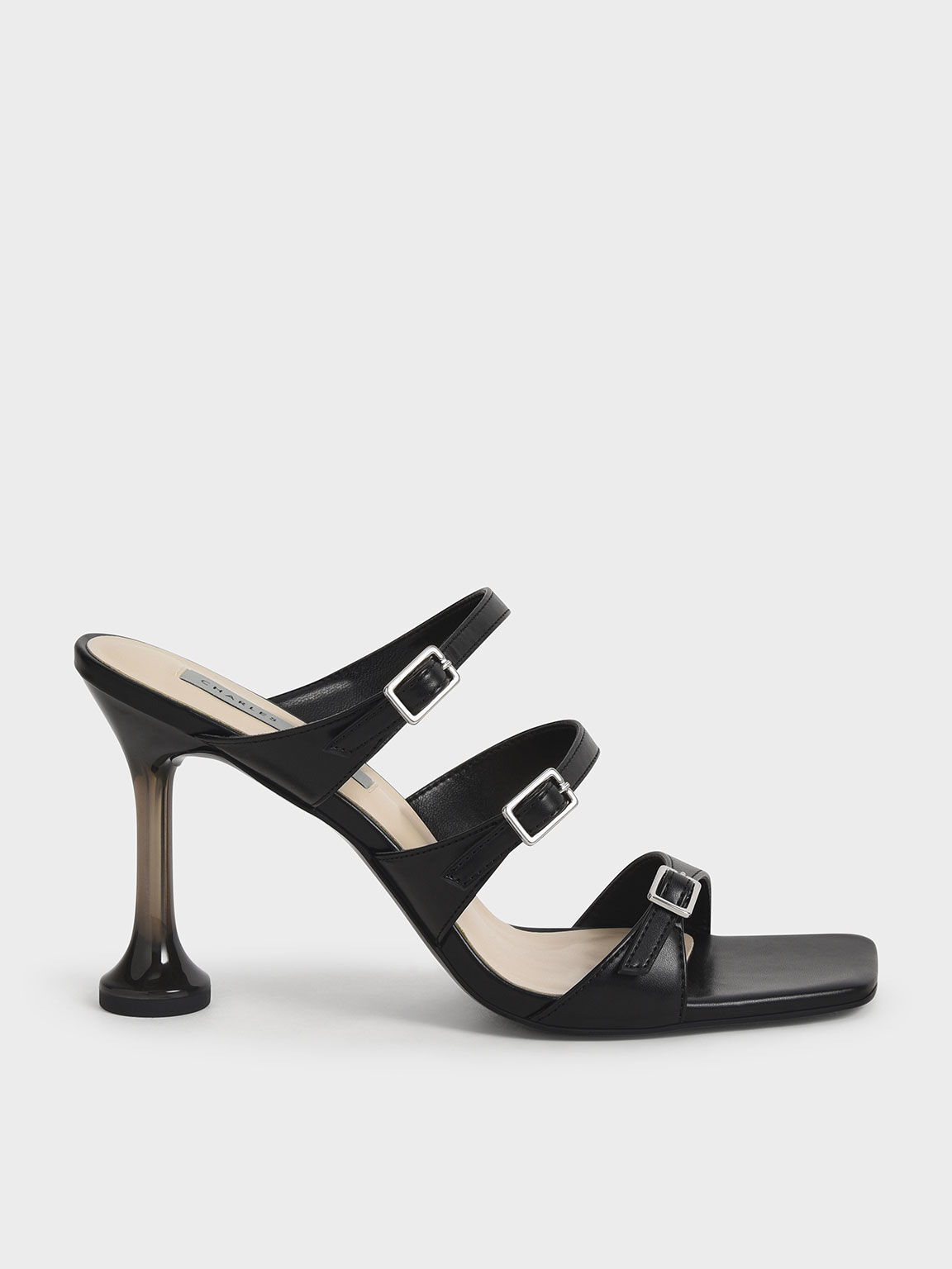 Triple Strap Sculptural Heel Mules, Black, hi-res
