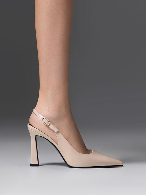 Patent Trapeze Heel Slingback Pumps, Cream, hi-res