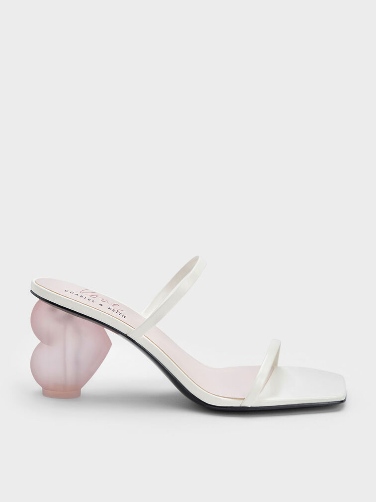 Heart Heel Strappy Sandals, White, hi-res