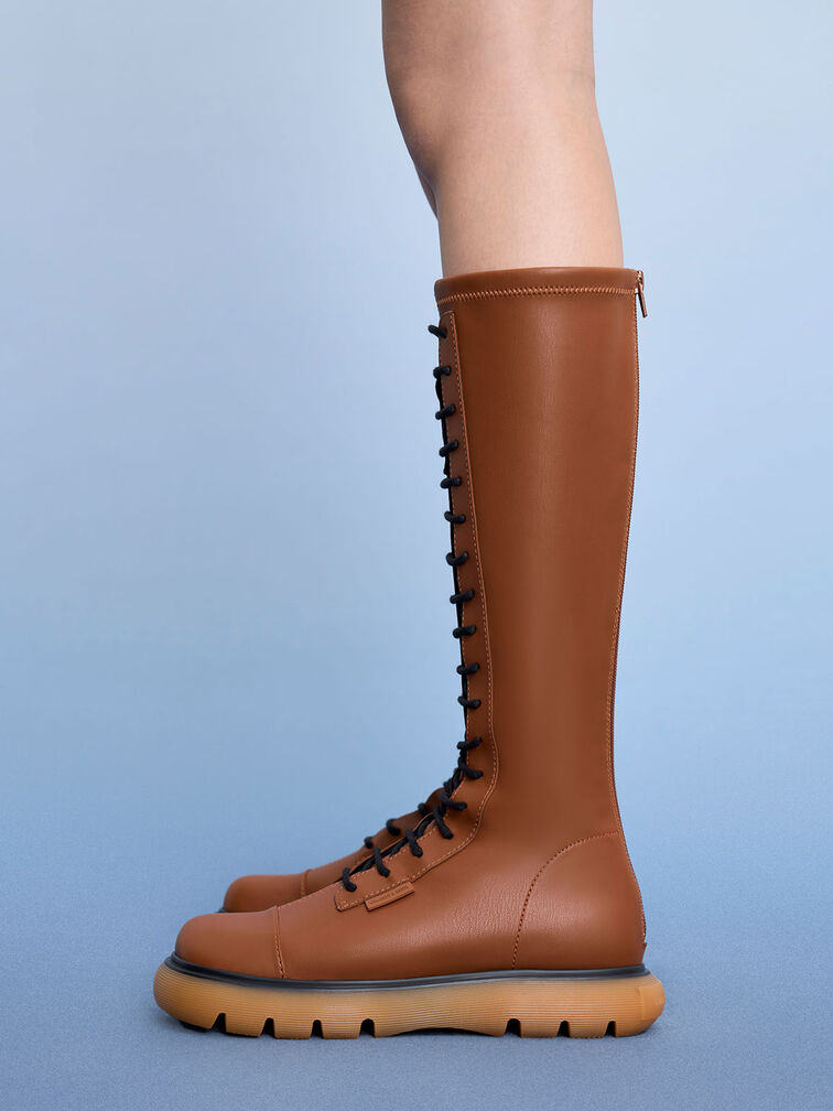 Gum Sole Lace-Up Knee-High Boots, Cognac, hi-res