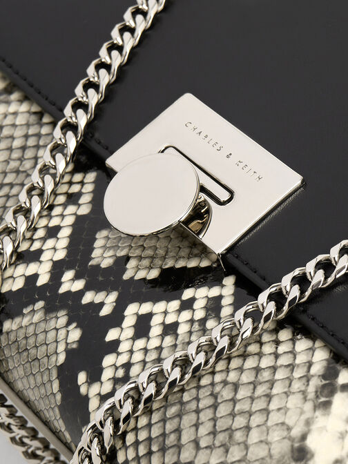 حقيبة بحزام على شكل سلسلة بطبعة جلد الثعبان, متعدد, hi-res