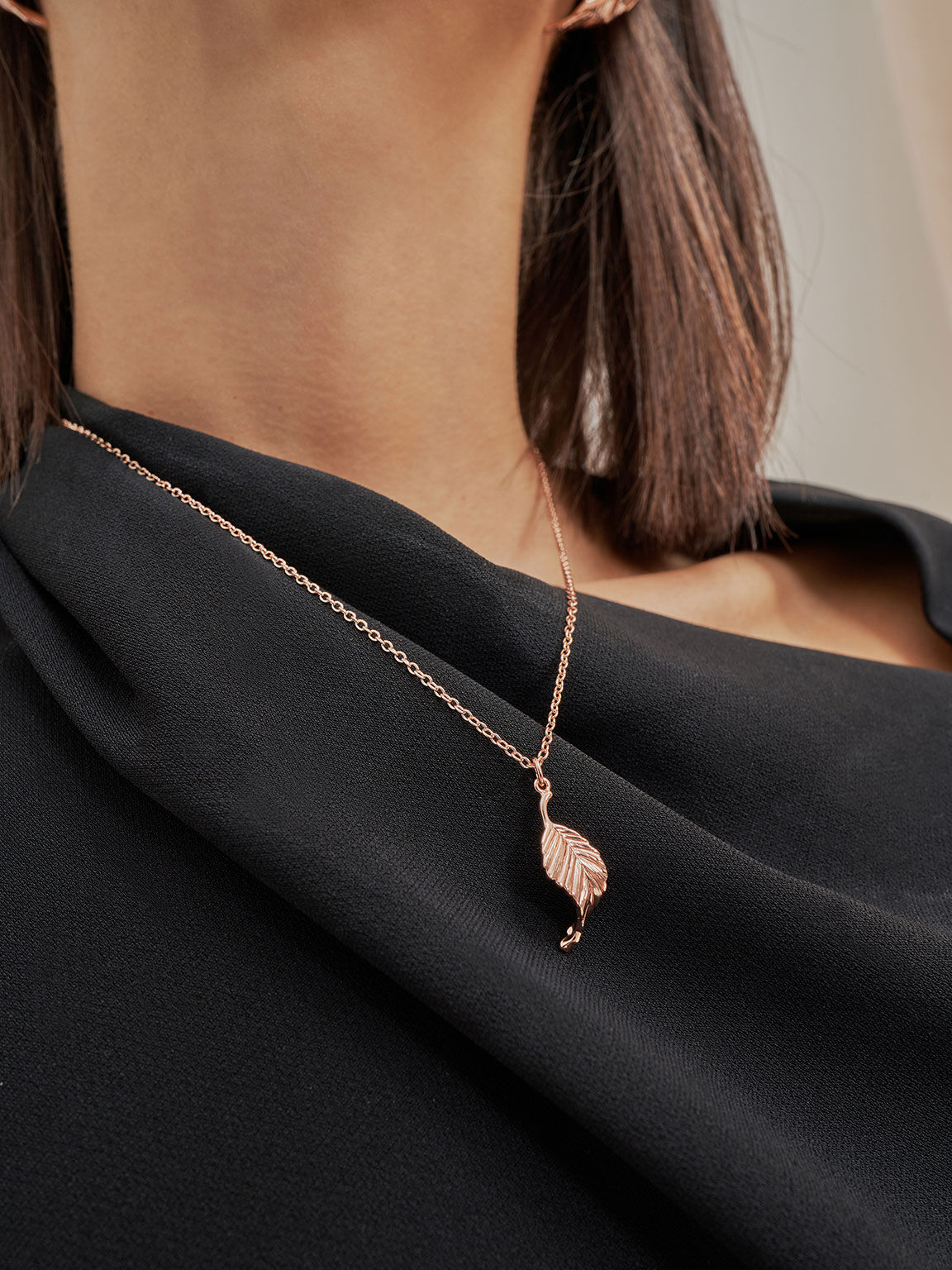 Leaf Pendant Bead Necklace, Rose Gold, hi-res