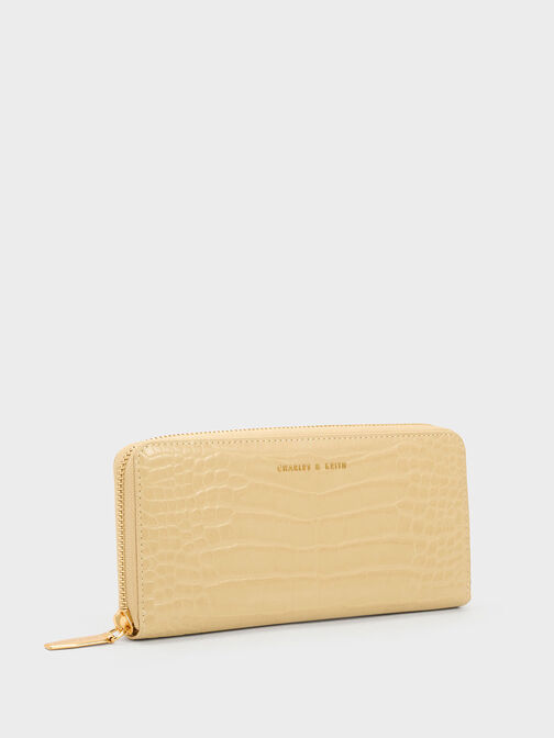 Croc-Embossed Zip-Around Long Wallet, Beige, hi-res